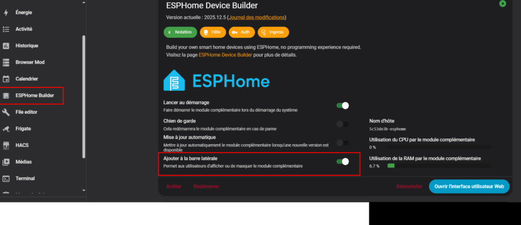 Ajout barre latérale ESP Home Builder dans Home Assistant